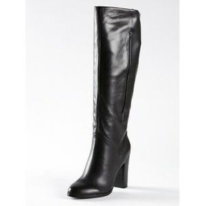 Luxury Rebel Black Leather Chunky Heel High Boots, 9.5